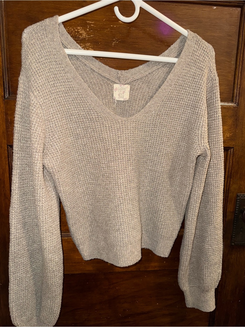 Hippie Rose V-Neck Waffle Knit Sweater - Taupe